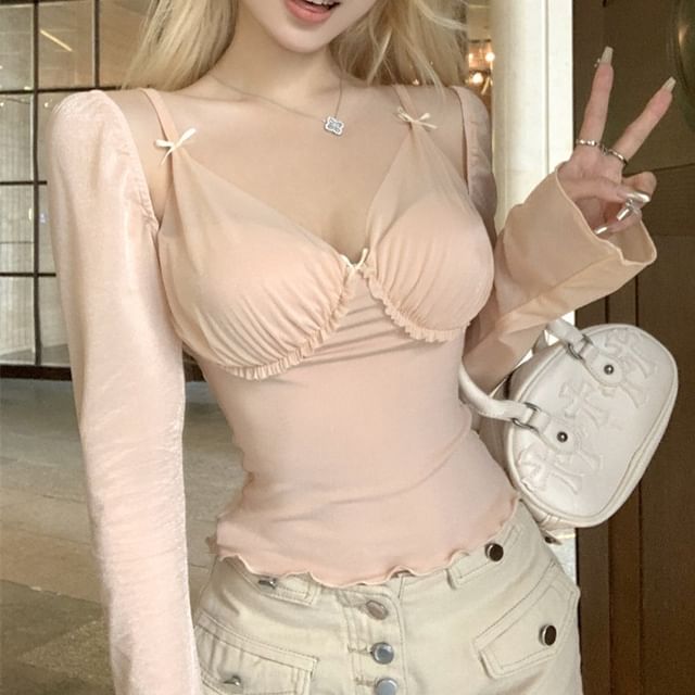 V-Neck T-Shirt Long-Sleeve Lettuce Panel Edge Mock Plain Mesh Two-Piece