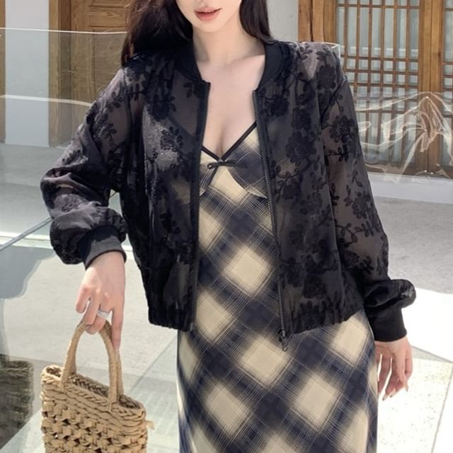 Sheer Jacket Zip Flower Embroidered