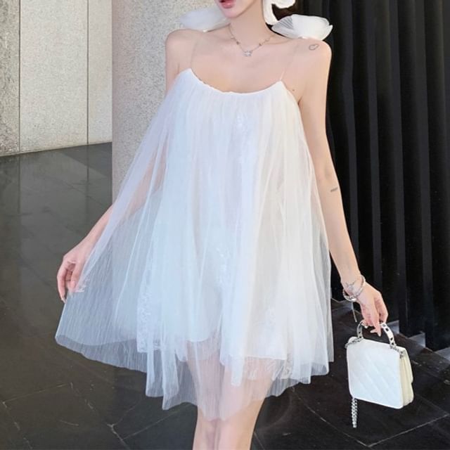 Sundress Flower Plain Mesh Strap Spaghetti Detail Mini