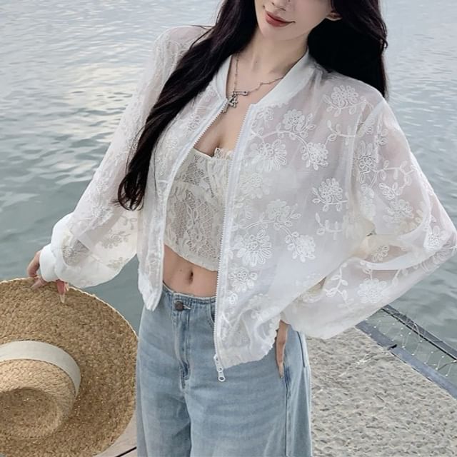 Sheer Jacket Zip Flower Embroidered