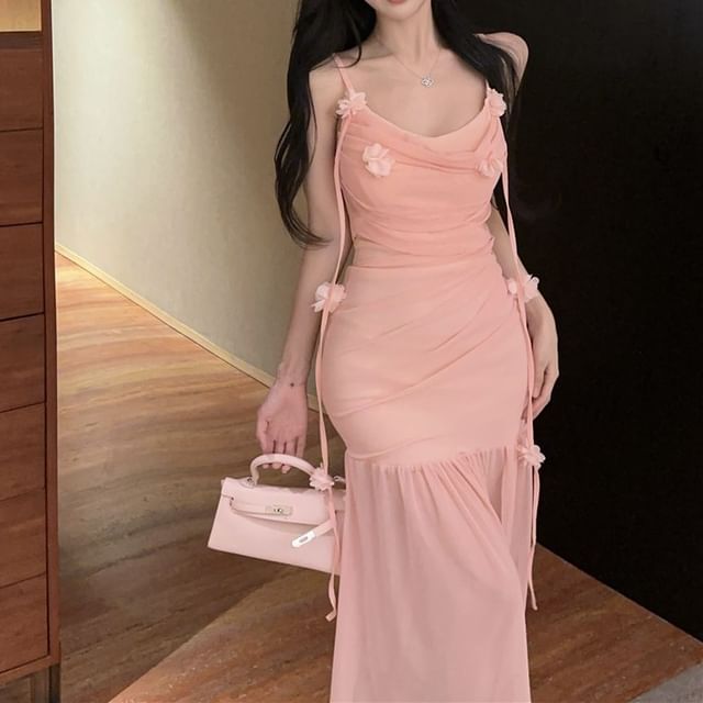 Ruched Side-Slit Strap Mermaid Plain Flower Detail Dress Spaghetti Maxi