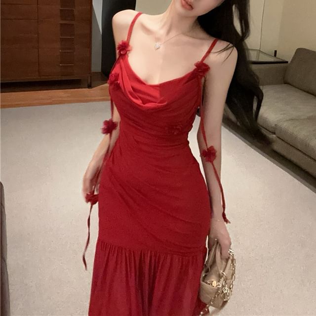 Ruched Side-Slit Strap Mermaid Plain Flower Detail Dress Spaghetti Maxi