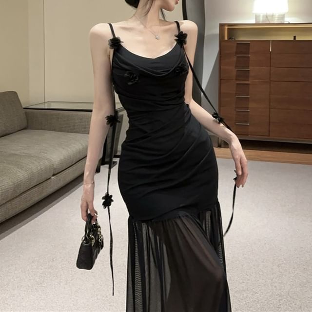 Ruched Side-Slit Strap Mermaid Plain Flower Detail Dress Spaghetti Maxi