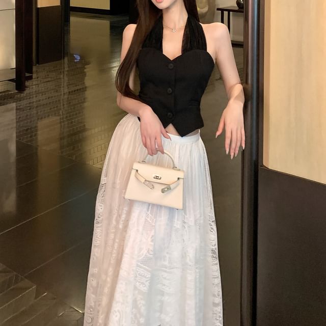 Lace Crop Top A-Line Halter-Neck Button-Up Mid Skirt Midi / Waist Plain