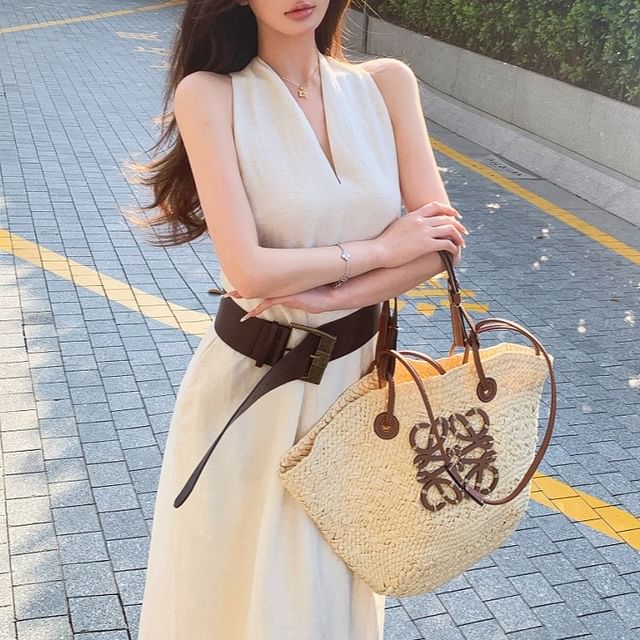 Belt Leather / A-Line Midi Dress Plain Faux Halter-Neck