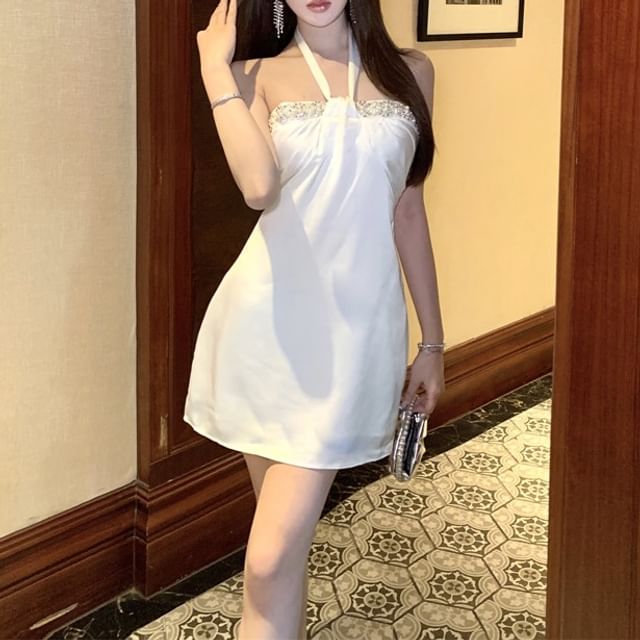 Satin Halter-Neck Mini Rhinestone A-Line Dress