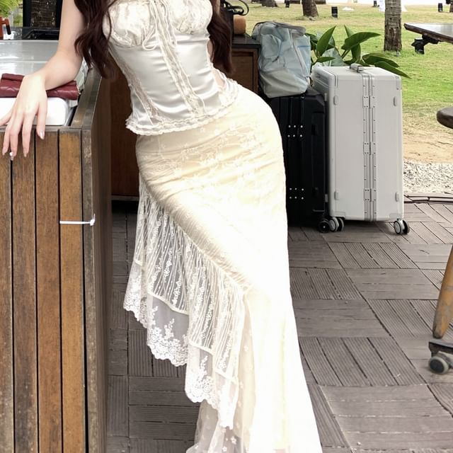 Fishtail Skirt Maxi Top Camisole Satin Drawstring High Trim / Lace Rise