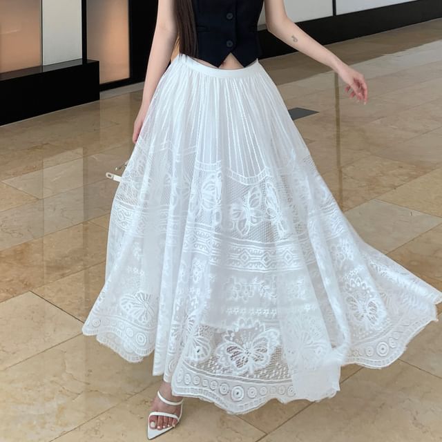 Lace Crop Top A-Line Halter-Neck Button-Up Mid Skirt Midi / Waist Plain