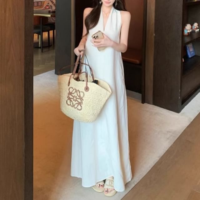 Belt Leather / A-Line Midi Dress Plain Faux Halter-Neck