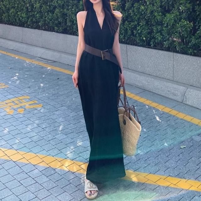 Belt Leather / A-Line Midi Dress Plain Faux Halter-Neck