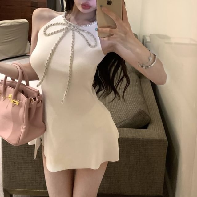 Halter-Neck Rhinestone Slit Bow Mini A-Line Dress
