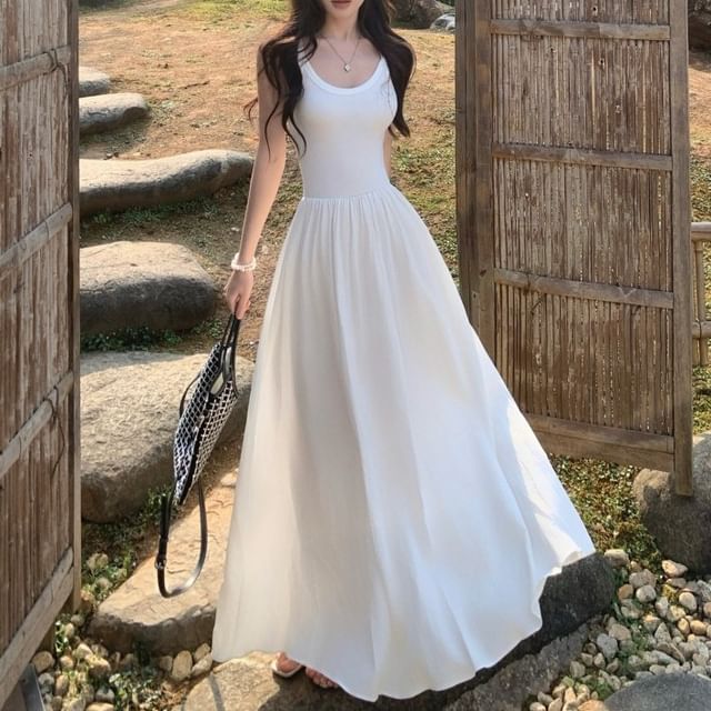 Spaghetti Midi Plain Strap Dress A-Line