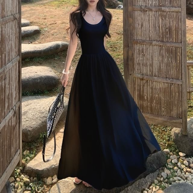 Spaghetti Midi Plain Strap Dress A-Line