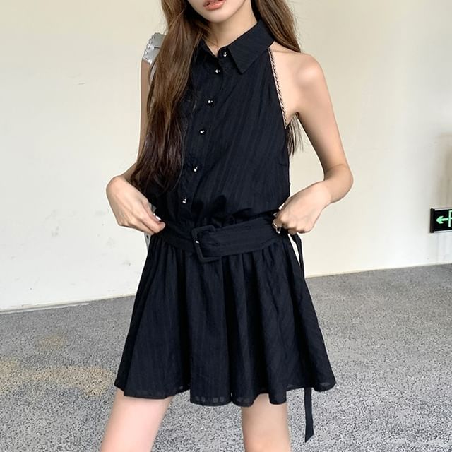 A-Line Dress Belted Sleeveless Mini Striped Collared