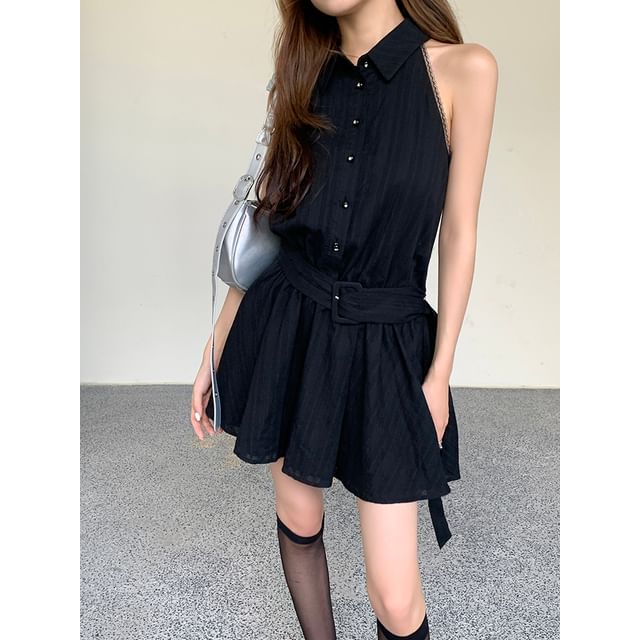 A-Line Dress Belted Sleeveless Mini Striped Collared