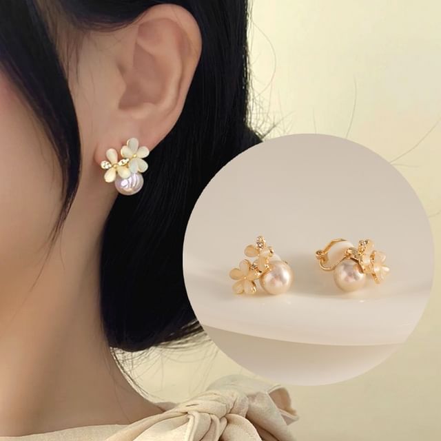 (Various Eye / Stud Floral Designs) Cuff Cat Stone Pearl Alloy Earring Faux Ear