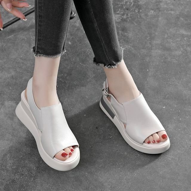 Leather Slingback Wedge Sandals Plain Heel Faux