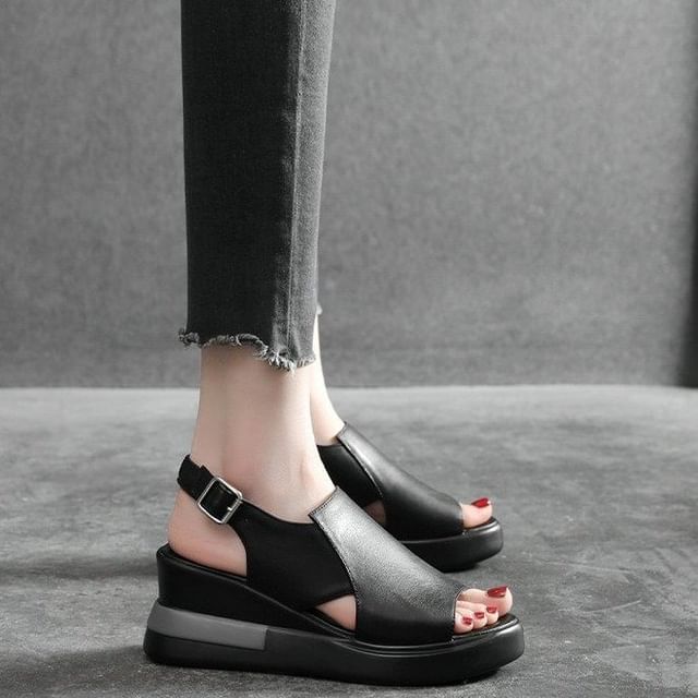 Leather Slingback Wedge Sandals Plain Heel Faux