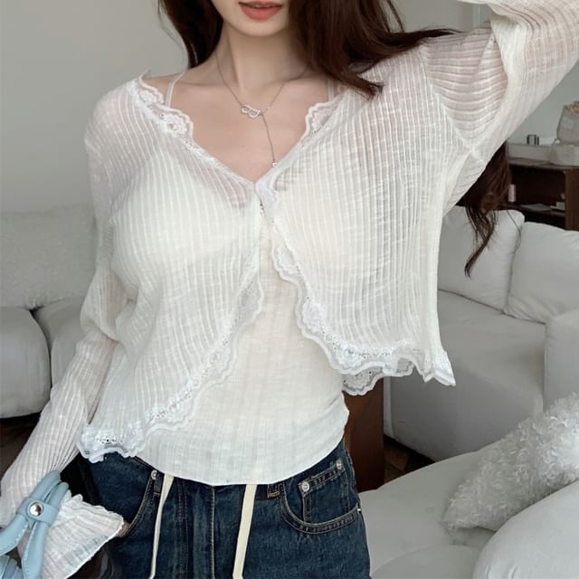Cardigan Lace Crop One-Buttoned Plain Trim Sheer V-Neck