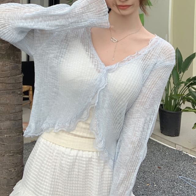 Cardigan Lace Crop One-Buttoned Plain Trim Sheer V-Neck