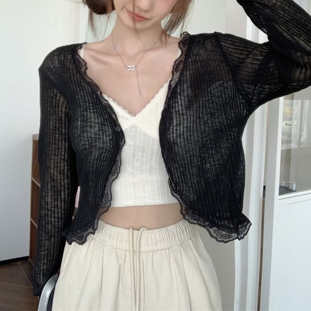 Cardigan Lace Crop One-Buttoned Plain Trim Sheer V-Neck
