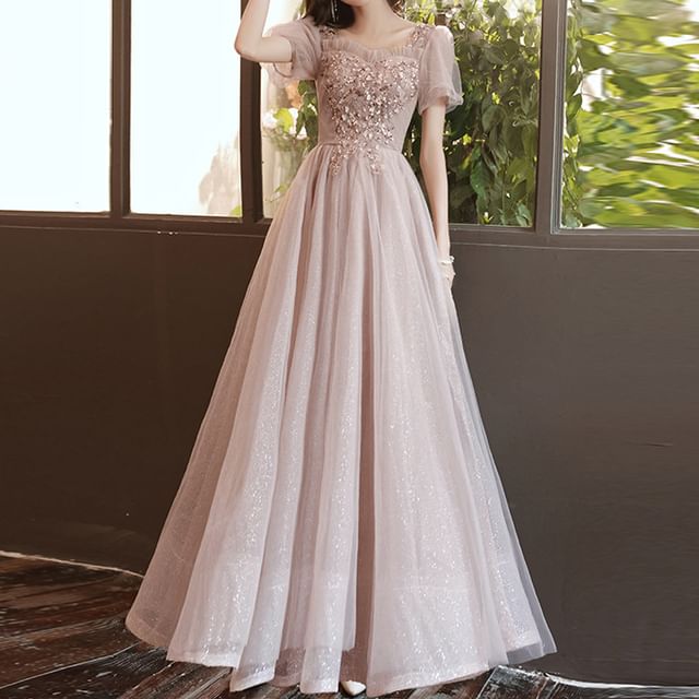 Short-Sleeve Sequin Mesh A-Line Evening Gown / Midi Dress