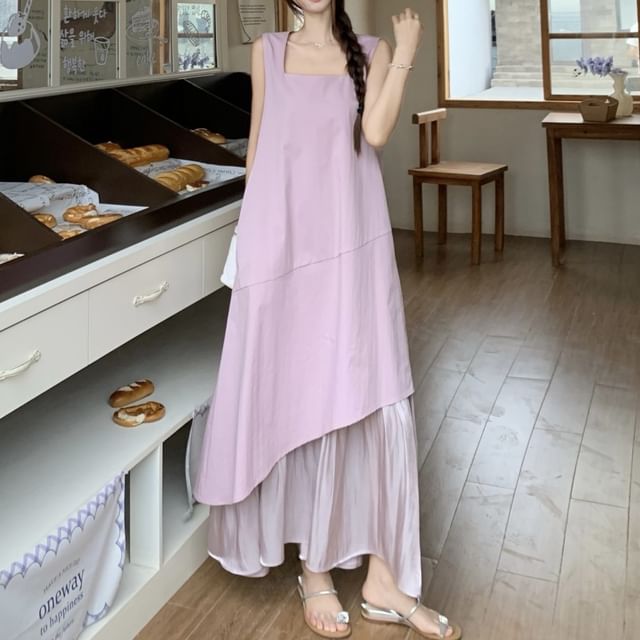 Neck Sleeveless Dress Paneled Asymmetrical A-Line Midi Square