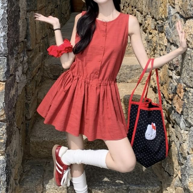 Plain Sleeveless A-Line Button Round Mini Neck Dress