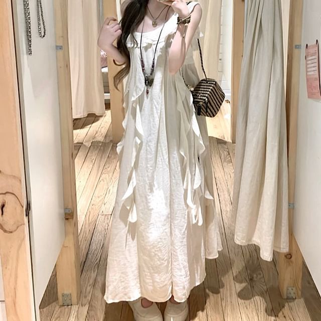 Sleeveless Ruffle Asymmetrical Plain A-Line Dress Midi Trim