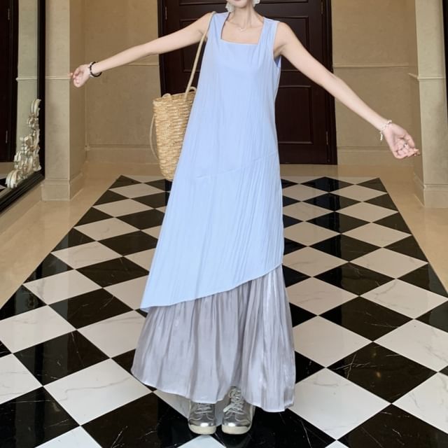 Neck Sleeveless Dress Paneled Asymmetrical A-Line Midi Square