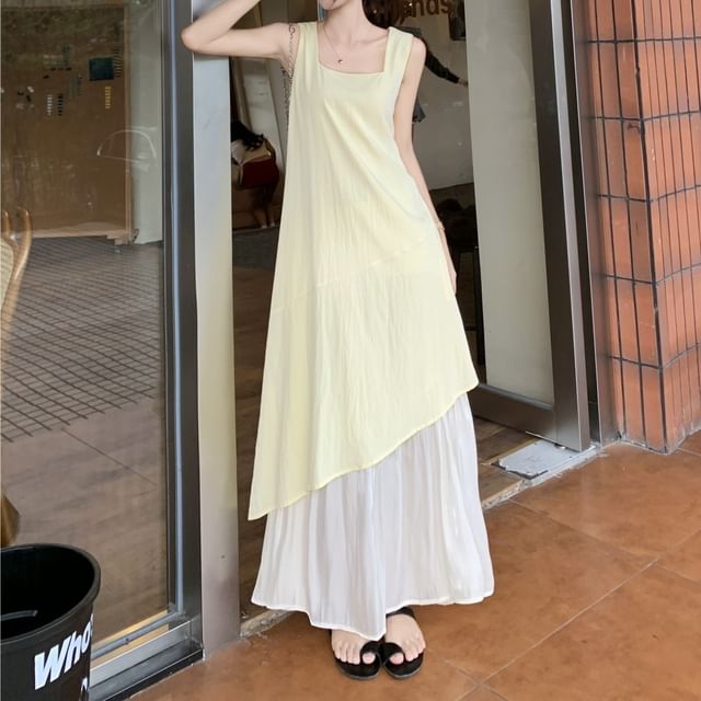 Neck Sleeveless Dress Paneled Asymmetrical A-Line Midi Square