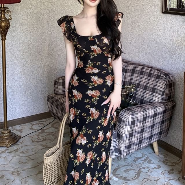 Sheath Maxi Neck Ruffle Dress Scoop Cap-Sleeve Trim Floral