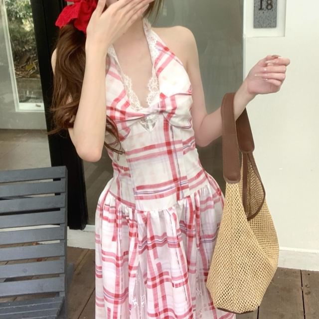 Lace Halter Dress A-Line Midi Back Plaid Panel Open