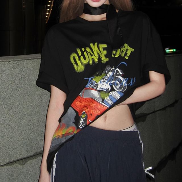 Dress Graphic Round Tee Spaghetti / Print Short-Sleeve Neck Bodycon Strap Mini