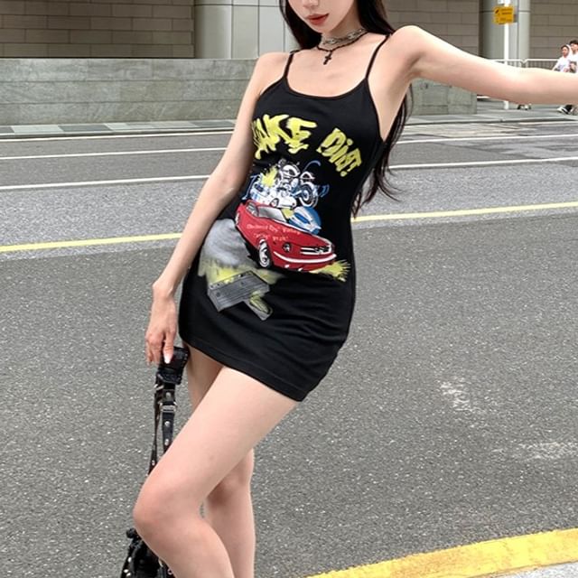 Dress Graphic Round Tee Spaghetti / Print Short-Sleeve Neck Bodycon Strap Mini