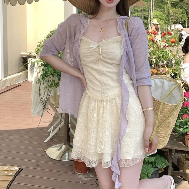 Mini Lace Bow Dress Panel / Cardigan Ruched Trim Spaghetti Ruffle Strap Melange A-Line