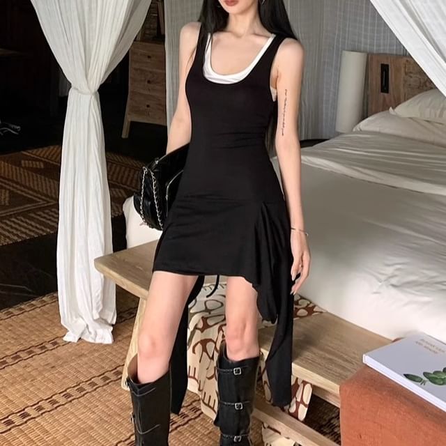 Fit Scoop Neck Top Mini Slim Plain Sleeveless Tank Dress Bodycon + Asymmetrical Set: