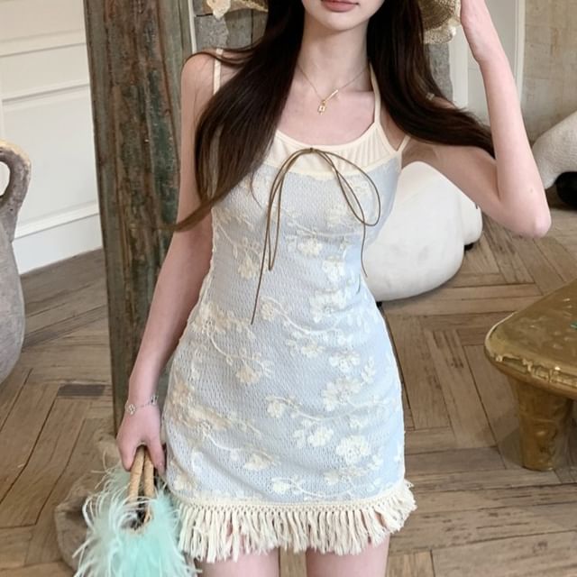 Mock Strap Fringed Spaghetti Mini Dress Bodycon Two-Piece Floral