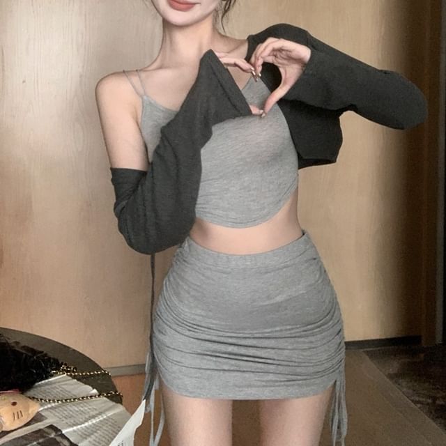 Slim Top Melange Drawstring Skirt Cardigan Crop / Elastic Pencil Fit Set Mini Waist Camisole