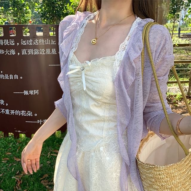 Mini Lace Bow Dress Panel / Cardigan Ruched Trim Spaghetti Ruffle Strap Melange A-Line