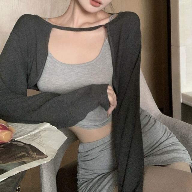 Slim Top Melange Drawstring Skirt Cardigan Crop / Elastic Pencil Fit Set Mini Waist Camisole