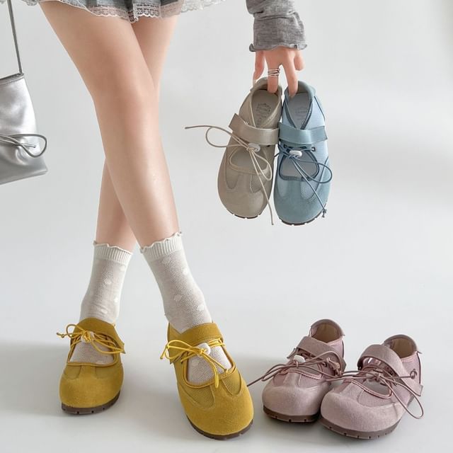 Adhesive Mesh Panel Leather Faux Mary Jane Strap Shoes