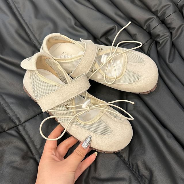 Adhesive Mesh Panel Leather Faux Mary Jane Strap Shoes