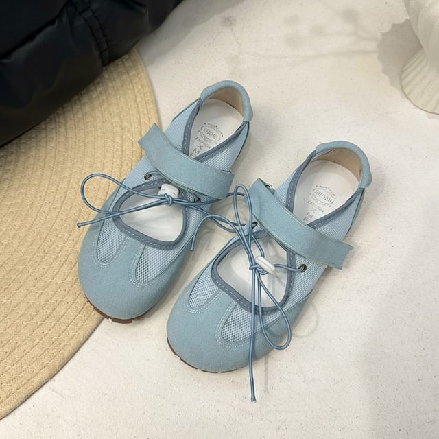 Adhesive Mesh Panel Leather Faux Mary Jane Strap Shoes