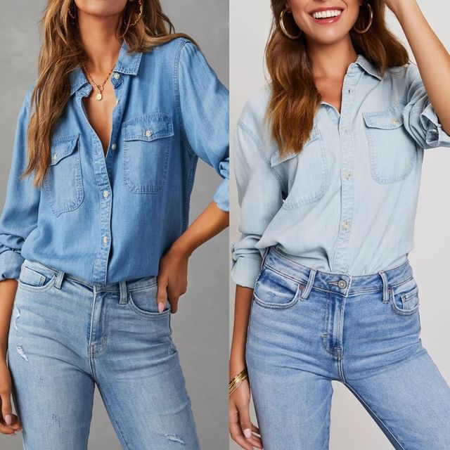 Sleeve Denim V-Neck Shirt Long Loose-Fit