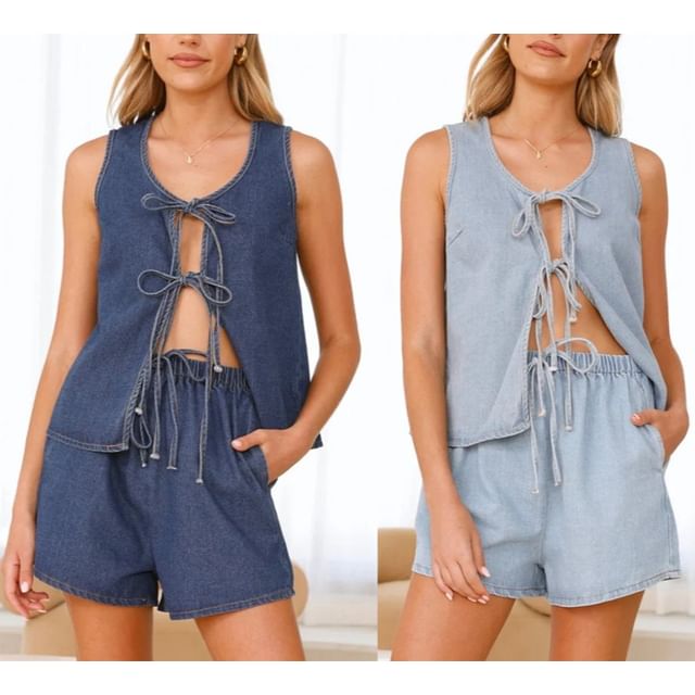 Denim + Set: Mini V-Neck Top Tie-Front Waist Tank High Shorts Wide-Leg