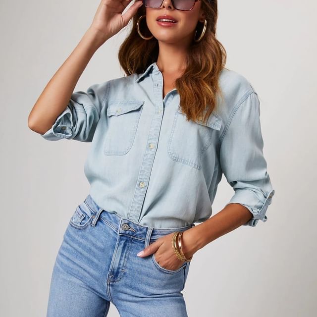 Sleeve Denim V-Neck Shirt Long Loose-Fit