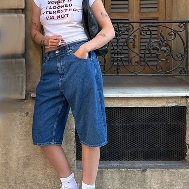 Low Washed Straight-Leg Shorts Denim Waist Pocket