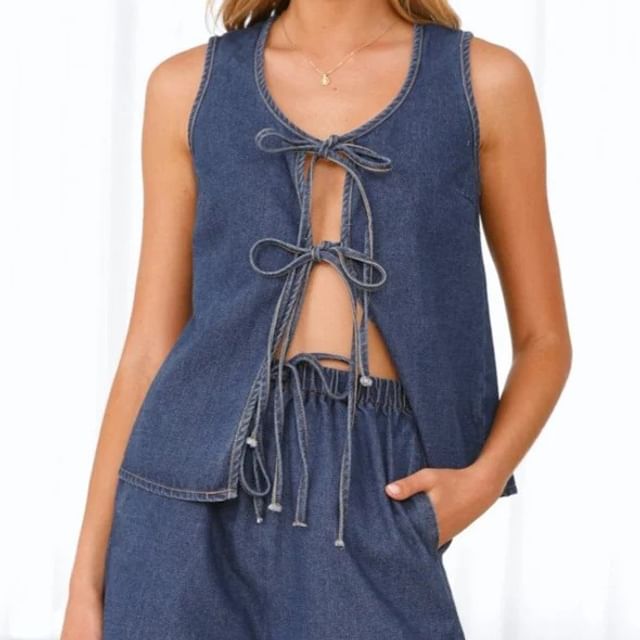 Denim + Set: Mini V-Neck Top Tie-Front Waist Tank High Shorts Wide-Leg