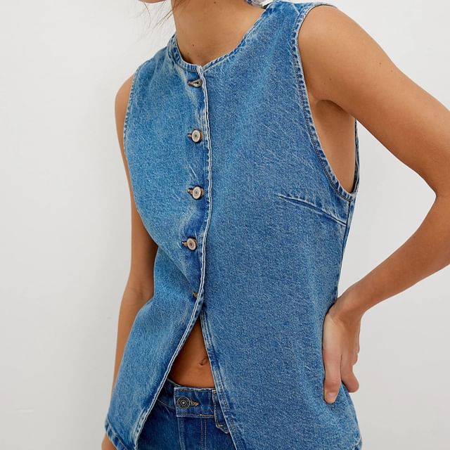 Washed Tank Denim Top Button-Up Slim-Fit